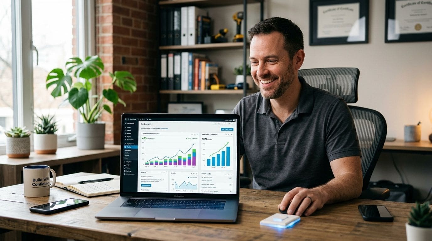 A smiling man working on a laptop displaying business analytics in a bright, organized office workspace.