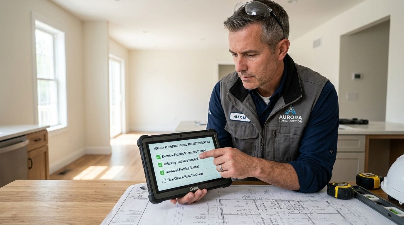 A professional construction project manager using a tablet to review a final residential project completion checklist.