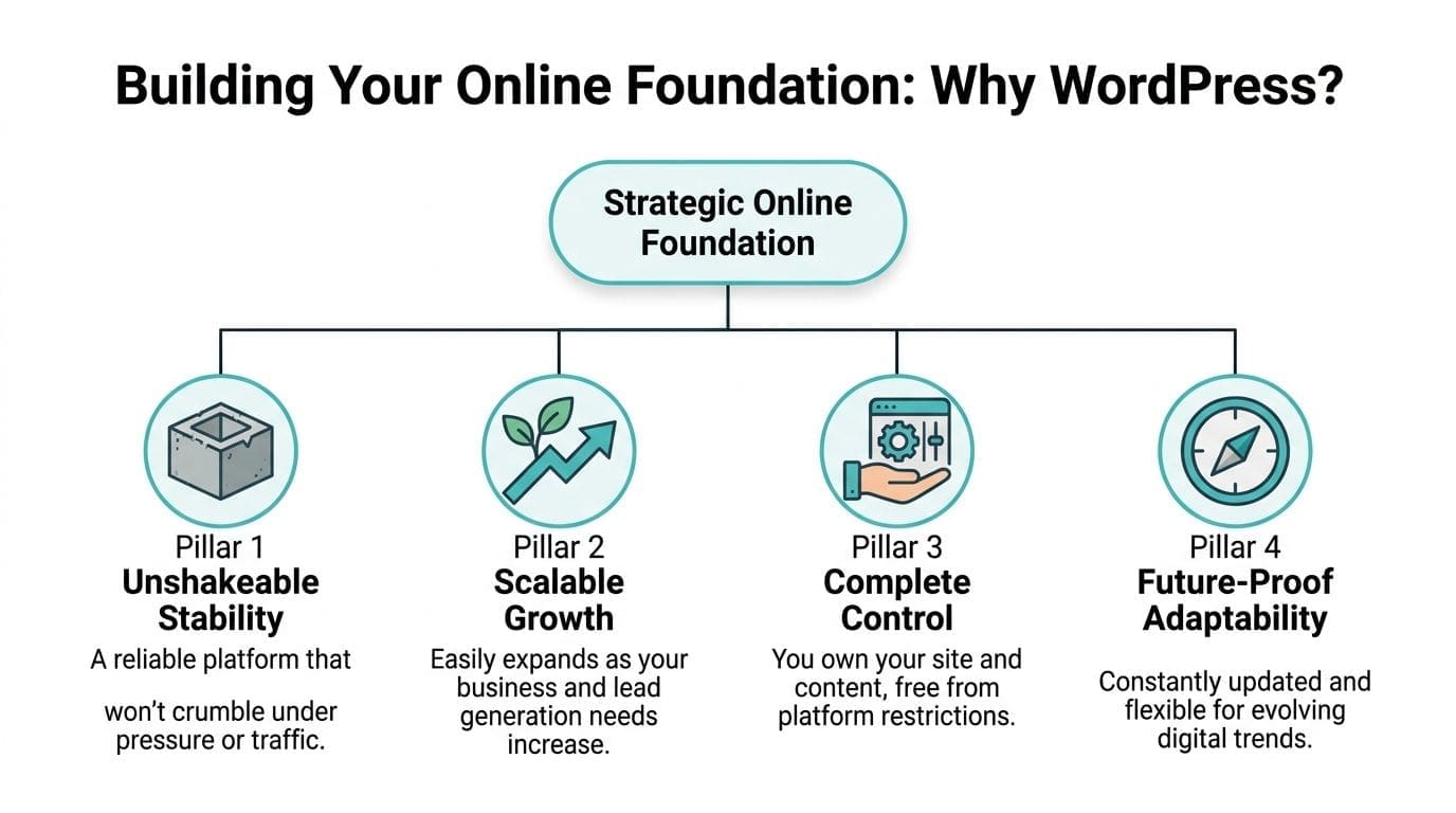 A diagram outlining the four strategic pillars of building an online foundation using the WordPress platform.