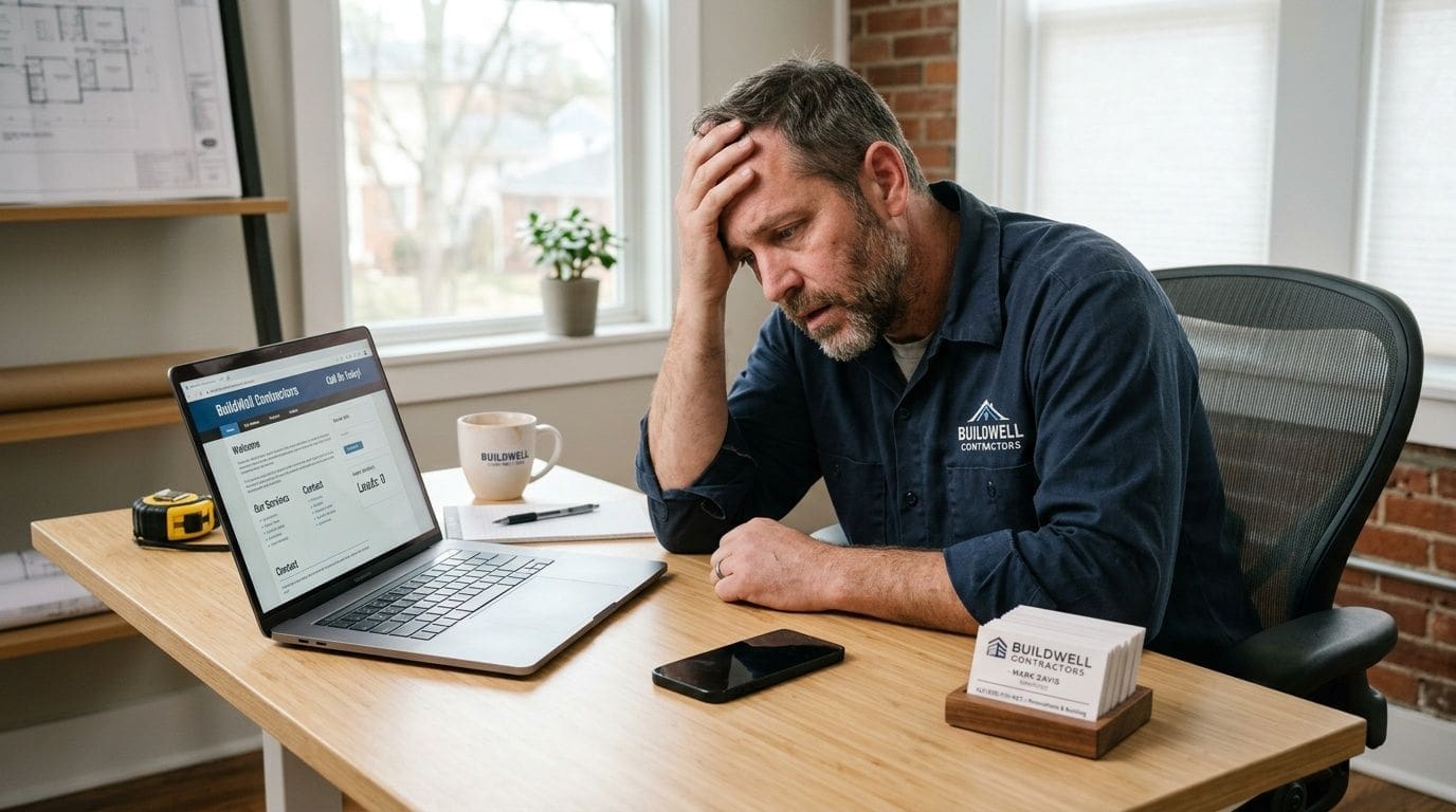 Stressed contractor sitting at a wooden desk while working on a laptop at his office
