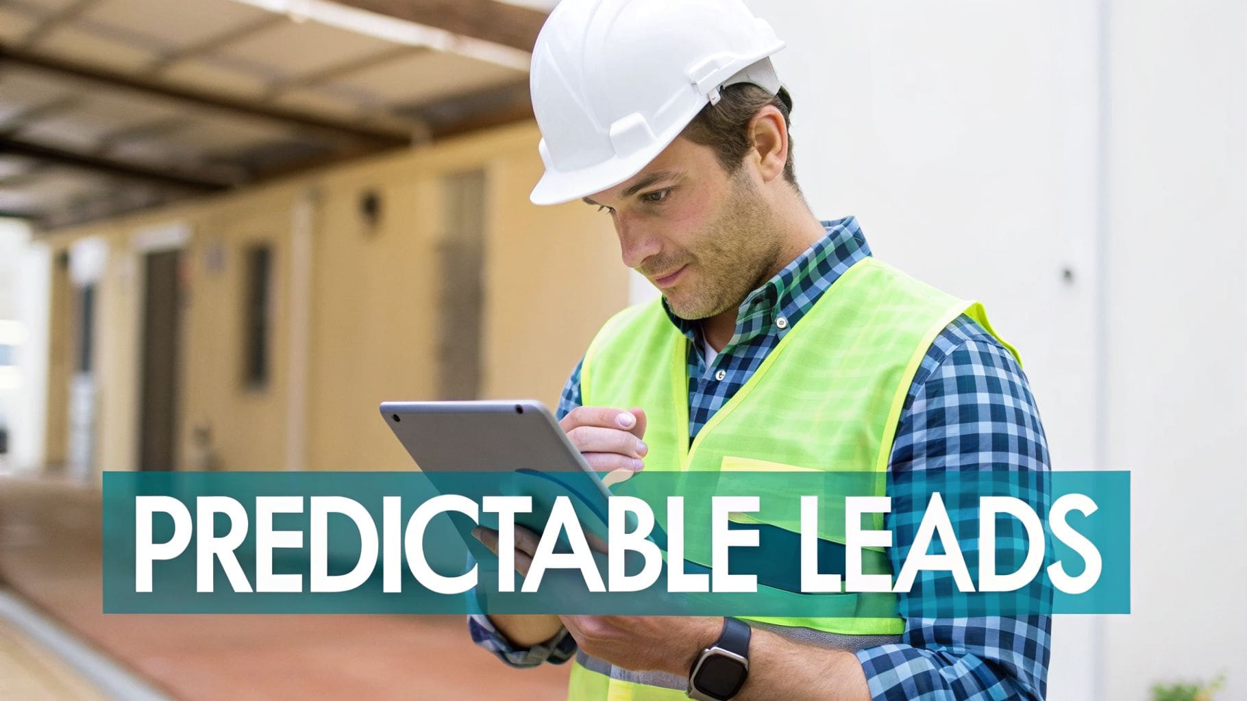 A construction worker in a hard hat and safety vest reviews data on a tablet, with text 'PREDICTABLE LEADS'.