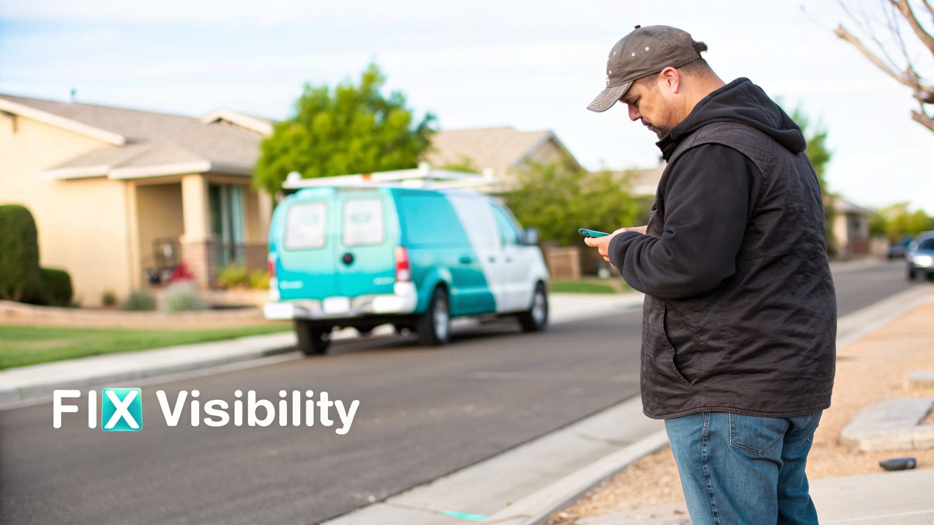 A man in a cap checks his phone on a sidewalk with a service van parked behind him.