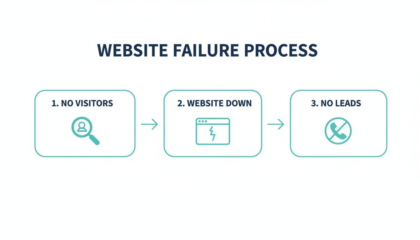 A diagram illustrating the website failure process, showing no visitors, website down, and no leads.
