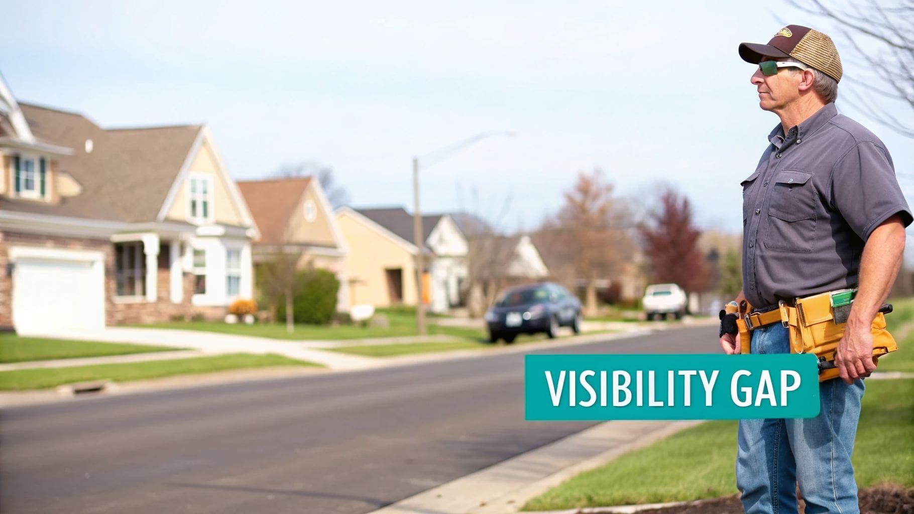 A man with a tool belt and sunglasses stands on a sidewalk, text "VISIBILITY GAP" visible.