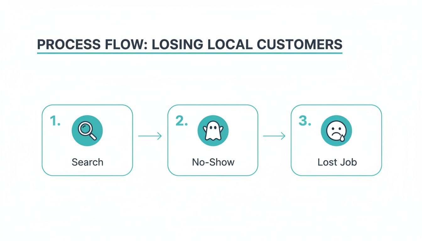 A process flow illustrating three steps: Search, No-Show, and Lost Job, showing how local customers are lost.