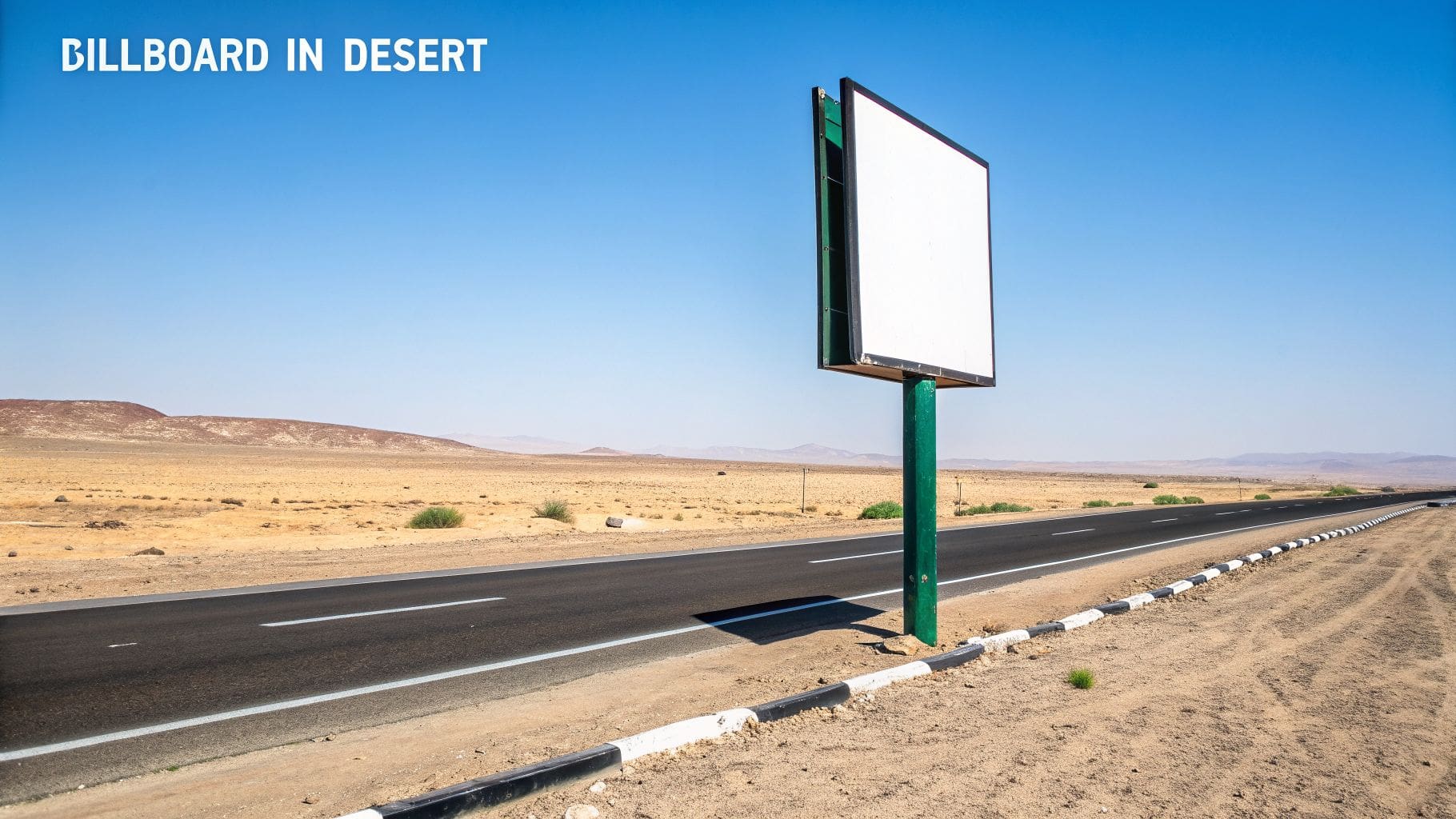 A blank billboard stands beside a long, empty road stretching through a vast desert under a clear blue sky.