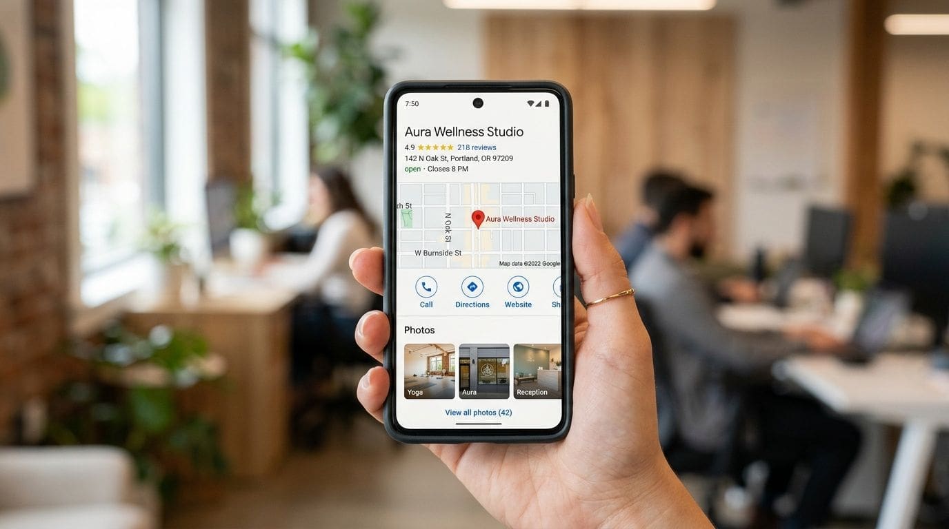 A hand holding a smartphone displaying a Google Maps profile for a local yoga wellness business.