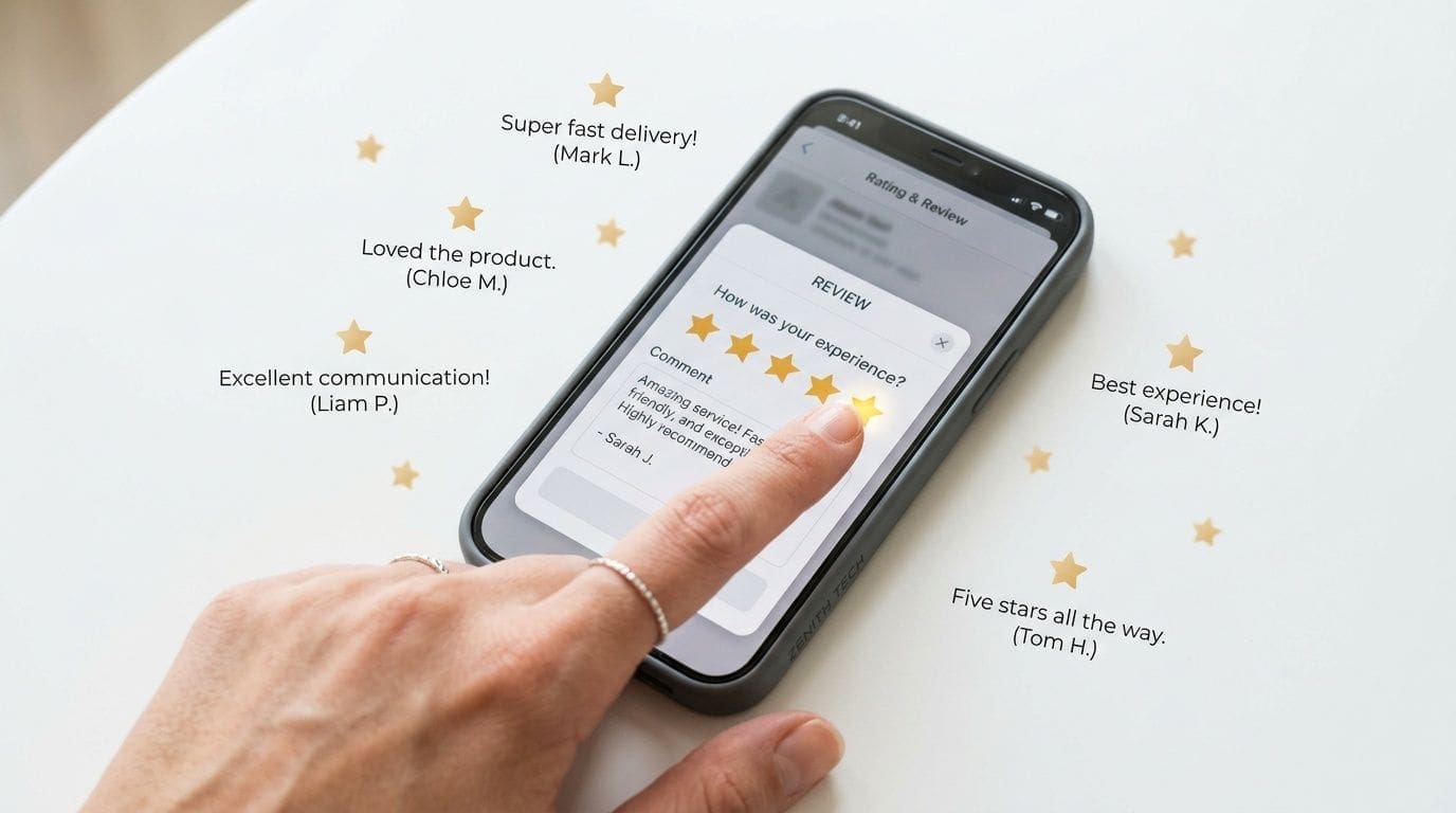 A hand using a smartphone app to provide a five star rating and feedback for a business.