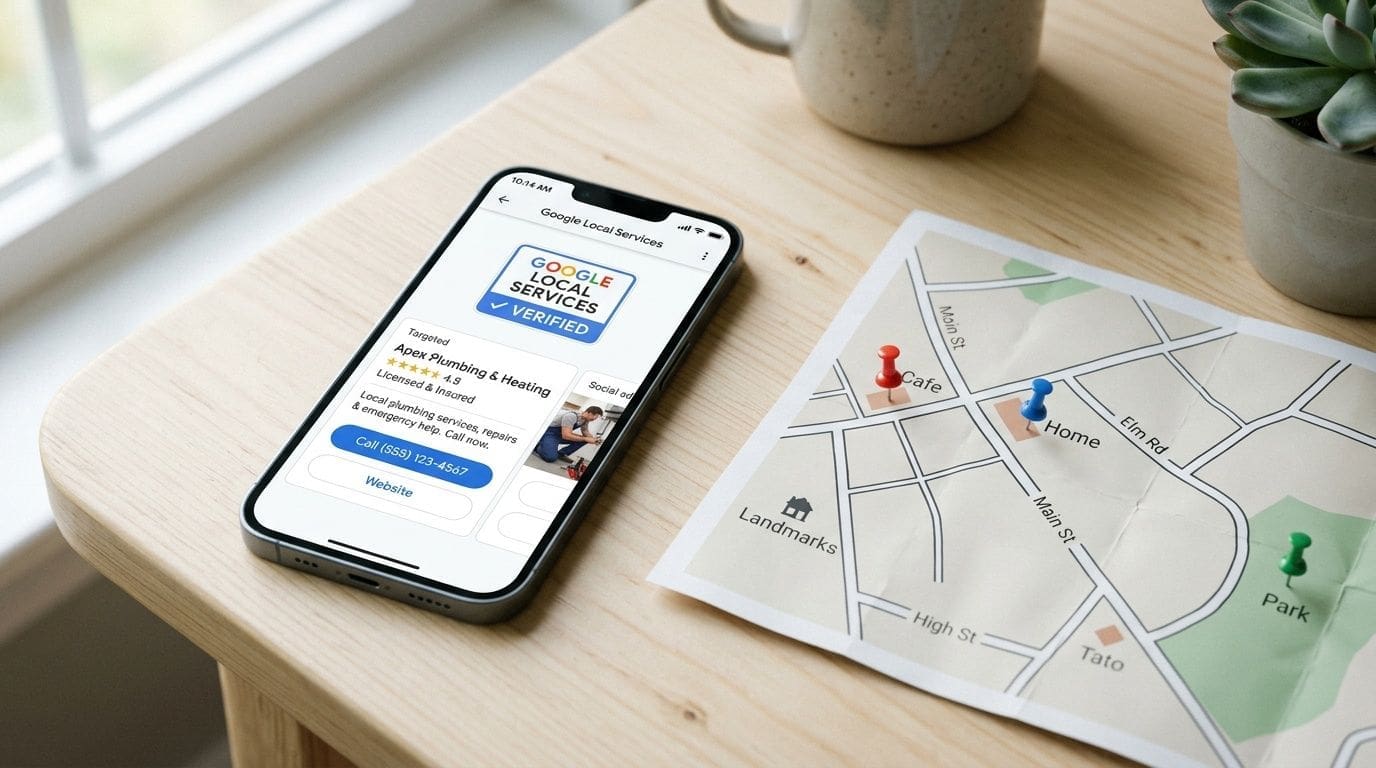 A smartphone displaying a Google Local Services business profile next to a map with location pins.