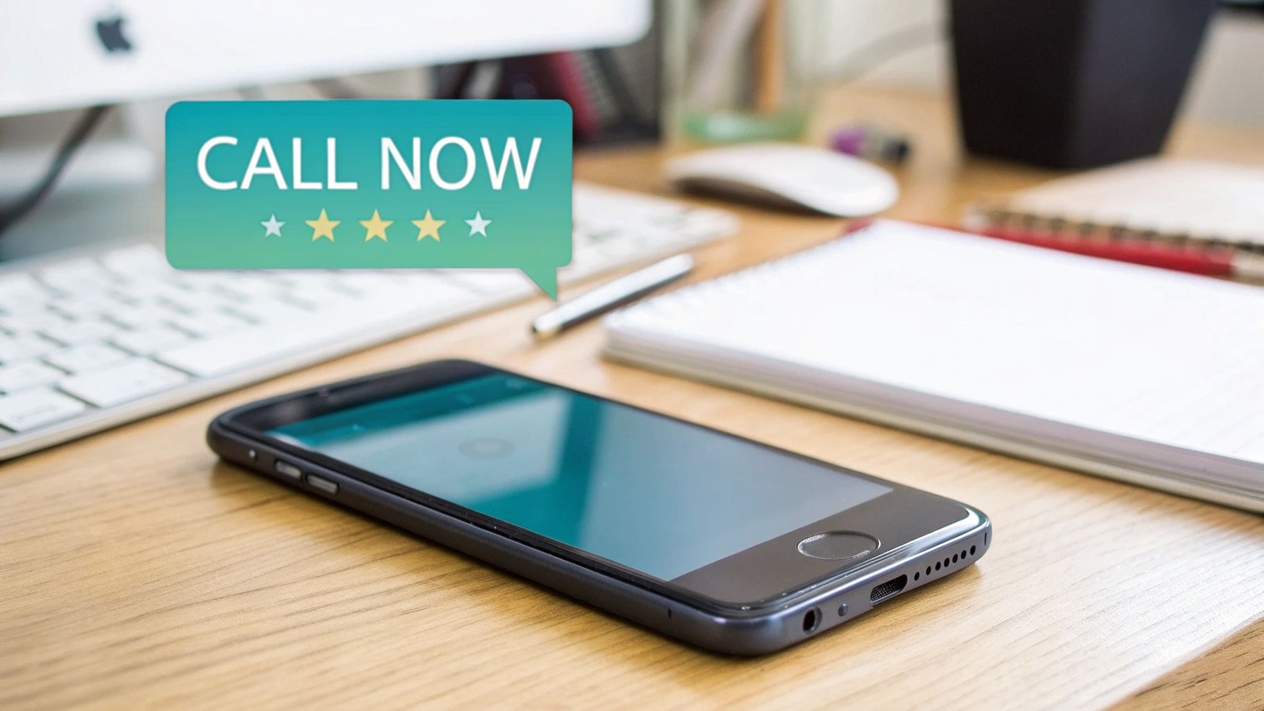 A smartphone on a wooden desk with a keyboard, notebooks, and a 'CALL NOW' speech bubble with two stars.