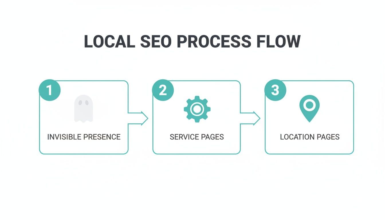 A flowchart detailing the local SEO process, showing steps like invisible presence, service pages, and location pages.