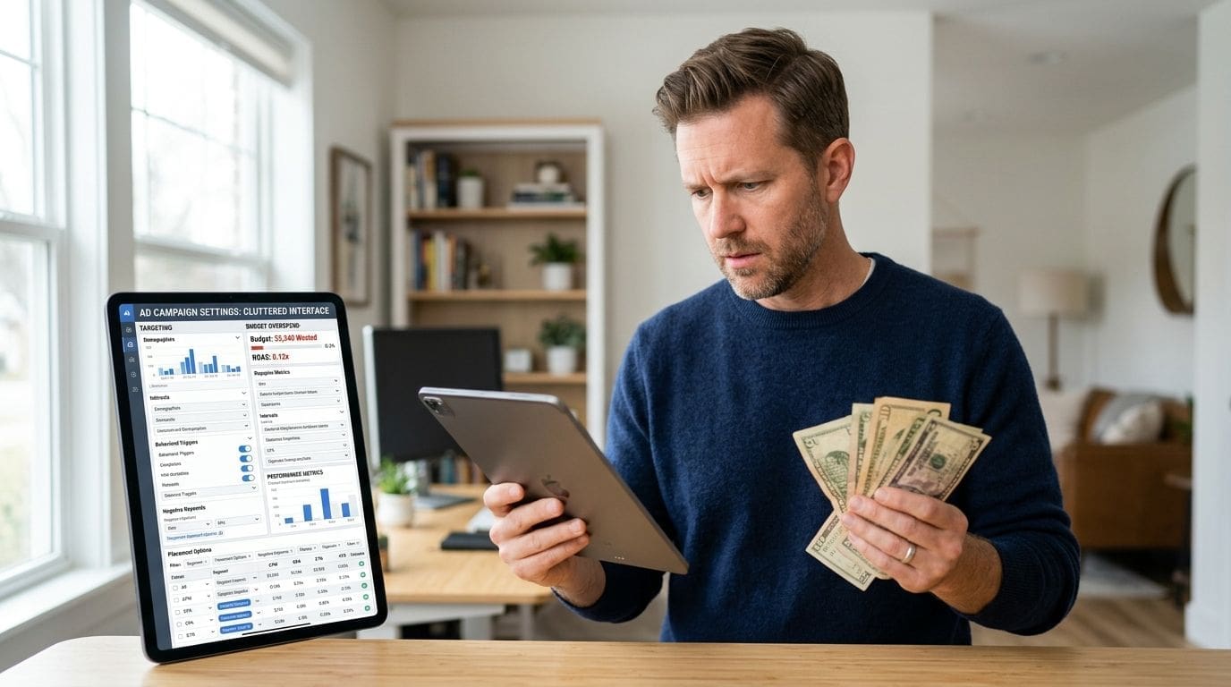 A man looking concerned at his tablet while holding cash, with a digital ad campaign dashboard displayed nearby.