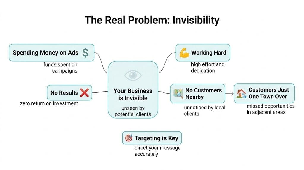 A mind map illustrating the problem of business invisibility and how effective targeting helps reach potential clients.