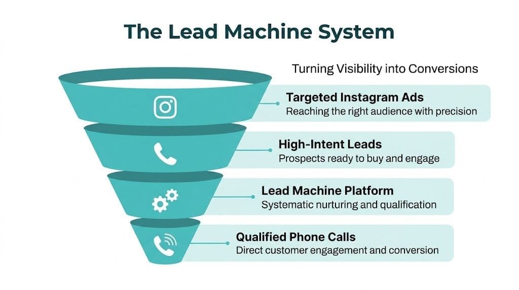 A funnel diagram showing The Lead Machine System process from targeted Instagram ads to qualified phone calls.