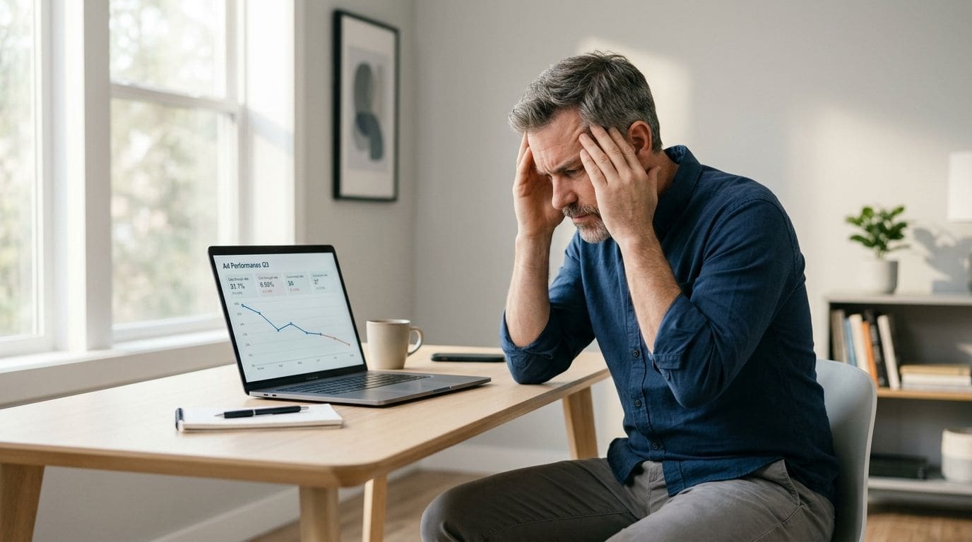A stressed businessman sitting at his desk looking at declining ad performance metrics on his laptop screen.