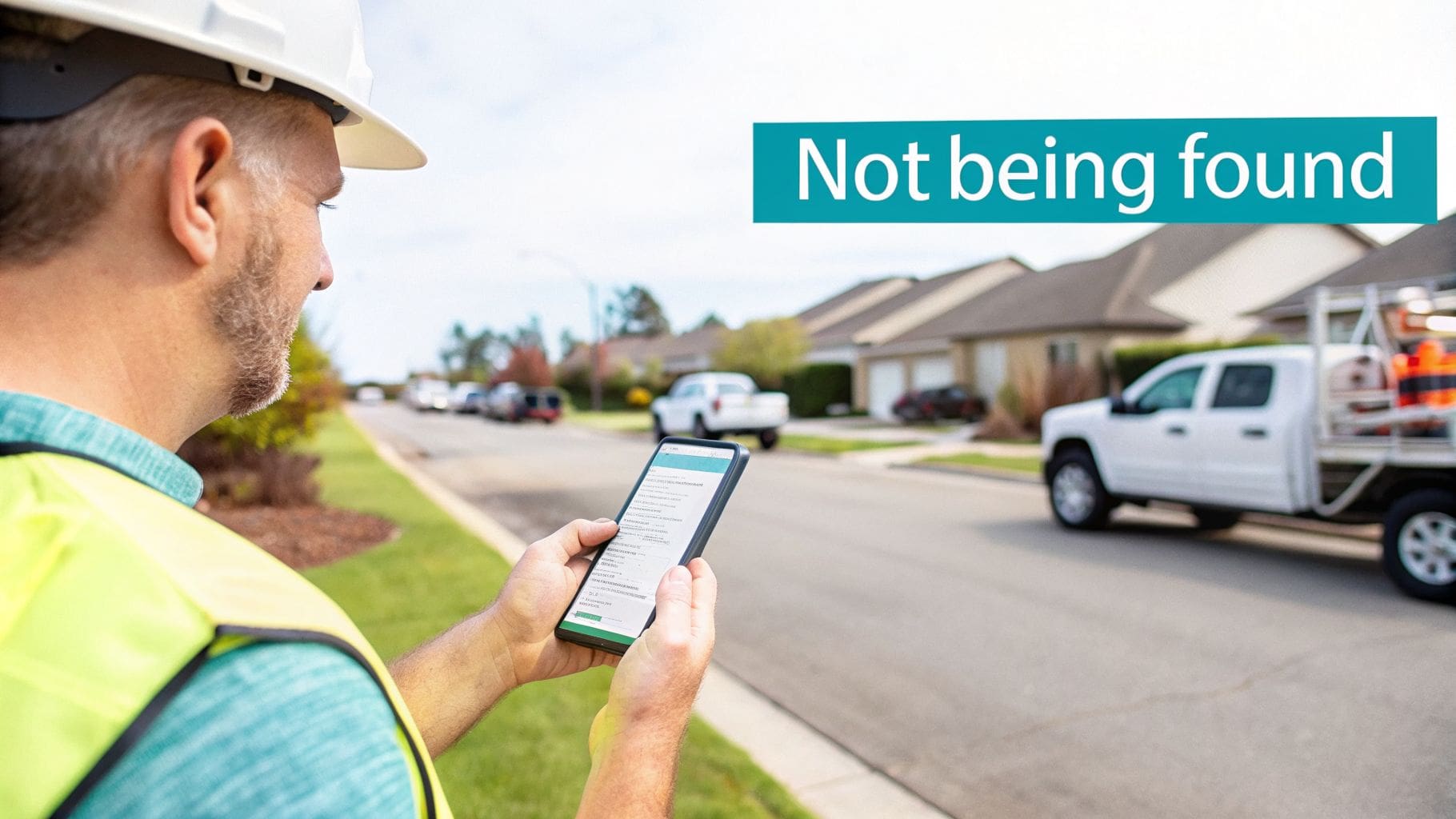 Field worker in a hard hat and safety vest checking his phone on a residential street.