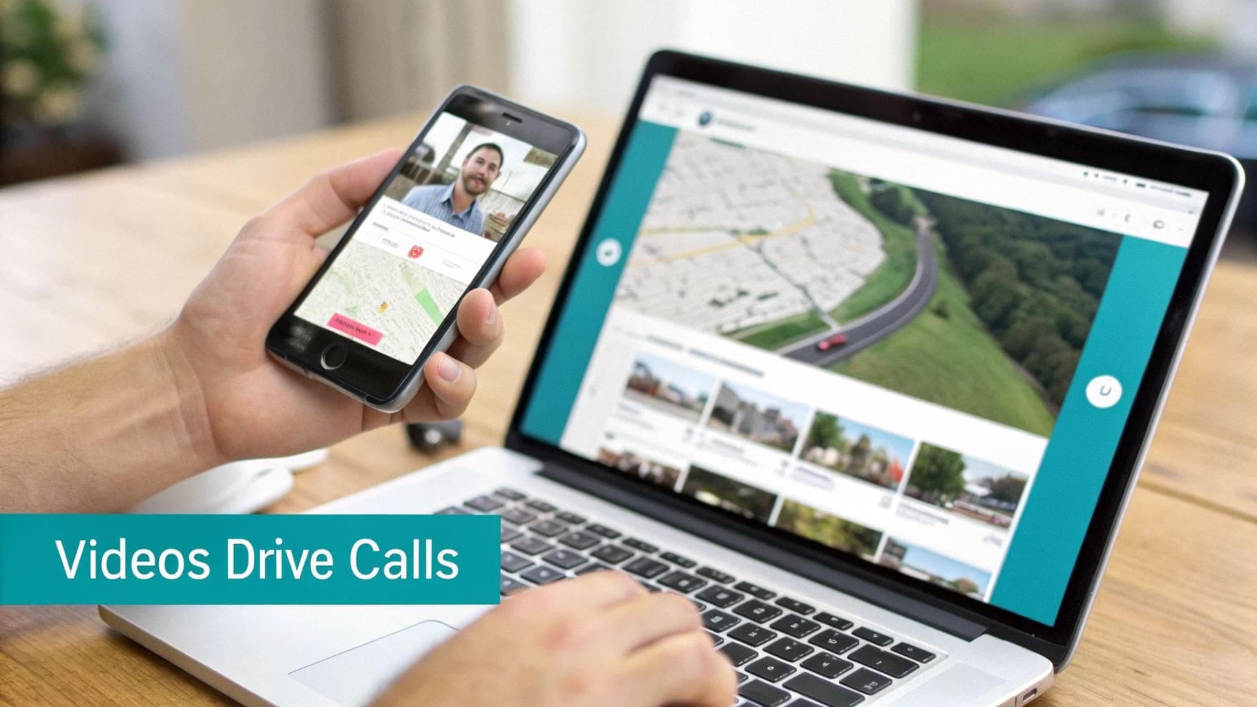 Person holds smartphone displaying a video call, next to a laptop showing a map, with 'Videos Drive Calls' banner.