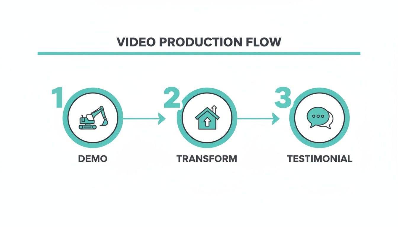 A three-step video production flow: 1. Demo with an excavator, 2. Transform with a house and arrow, 3. Testimonial with speech bubbles.