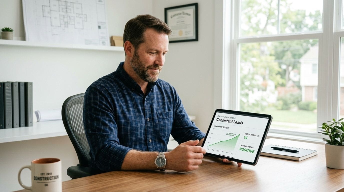 A professional contractor in his office holding a tablet displaying business growth data and project analytics.