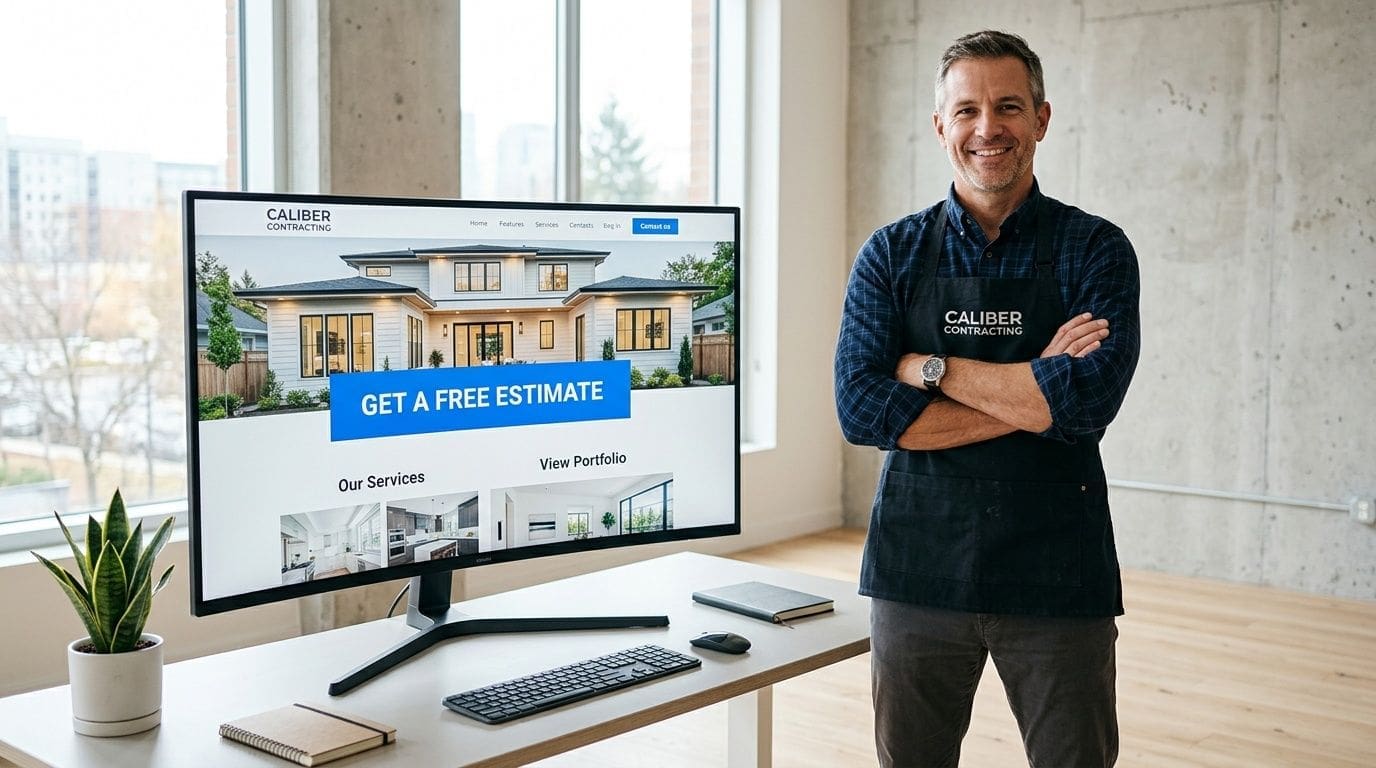 A professional contractor in an apron standing next to a computer screen showcasing his business website design.