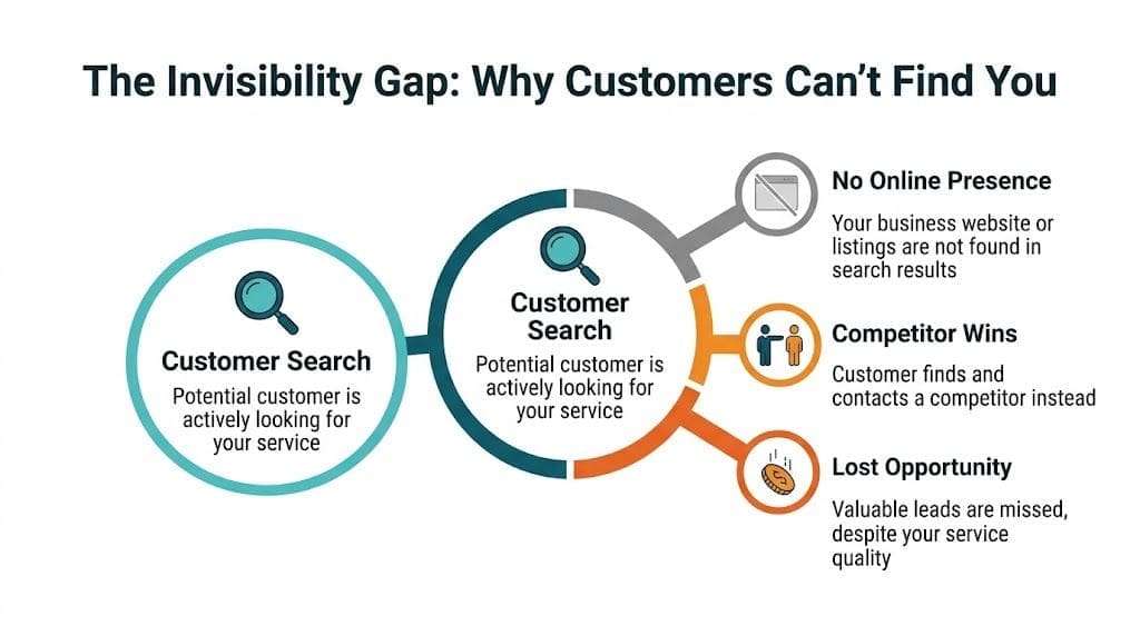 A diagram illustrating how businesses lose potential leads due to lack of online visibility and search results.