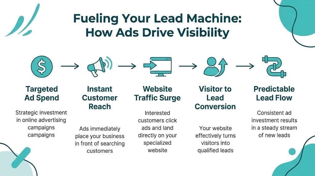 A diagram illustrating how targeted ad spend drives website traffic and consistent lead generation for businesses.