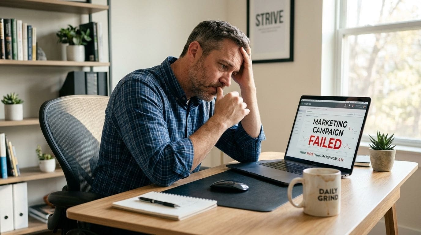 A stressed man sitting at his office desk looking at a laptop displaying a failed marketing campaign.