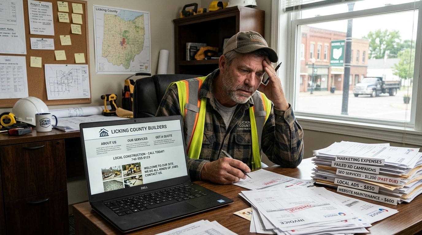 A stressed construction professional looking at unpaid invoices while sitting at a desk with a laptop.