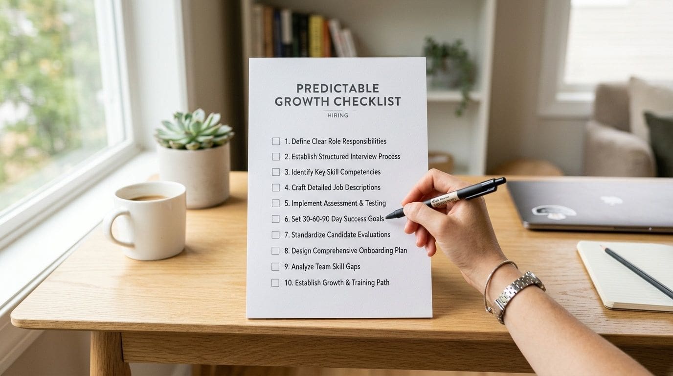 A person writing on a Predictable Growth Checklist for hiring on a wooden desk near a window.