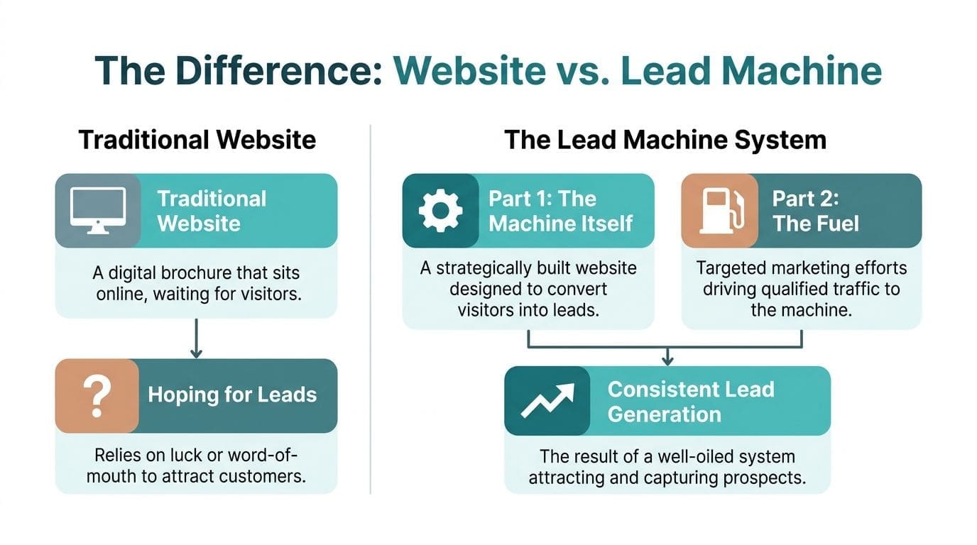 A comparison chart showing the difference between a traditional website and a strategic lead machine system.