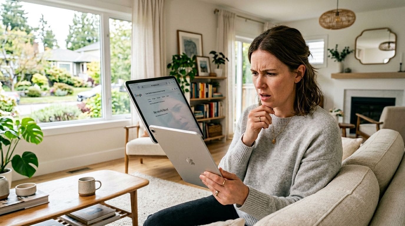 A concerned woman sitting on a couch, holding two digital tablets while looking at the screen thoughtfully.