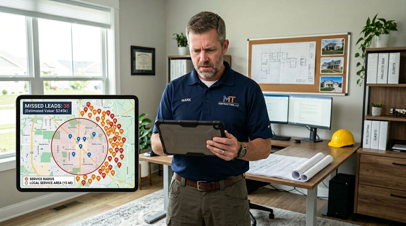 A construction manager holding a tablet with map data overlay in his home office workstation.