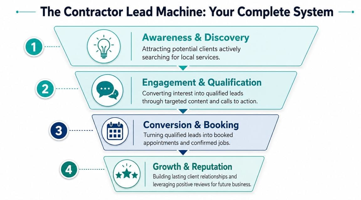 A four-step funnel diagram illustrating the Contractor Lead Machine system for local business lead generation.