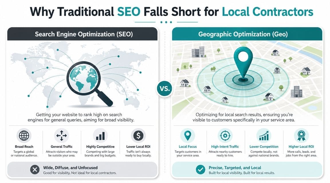 A comparison infographic showing how Geographic Optimization outperforms traditional SEO for local contractors.