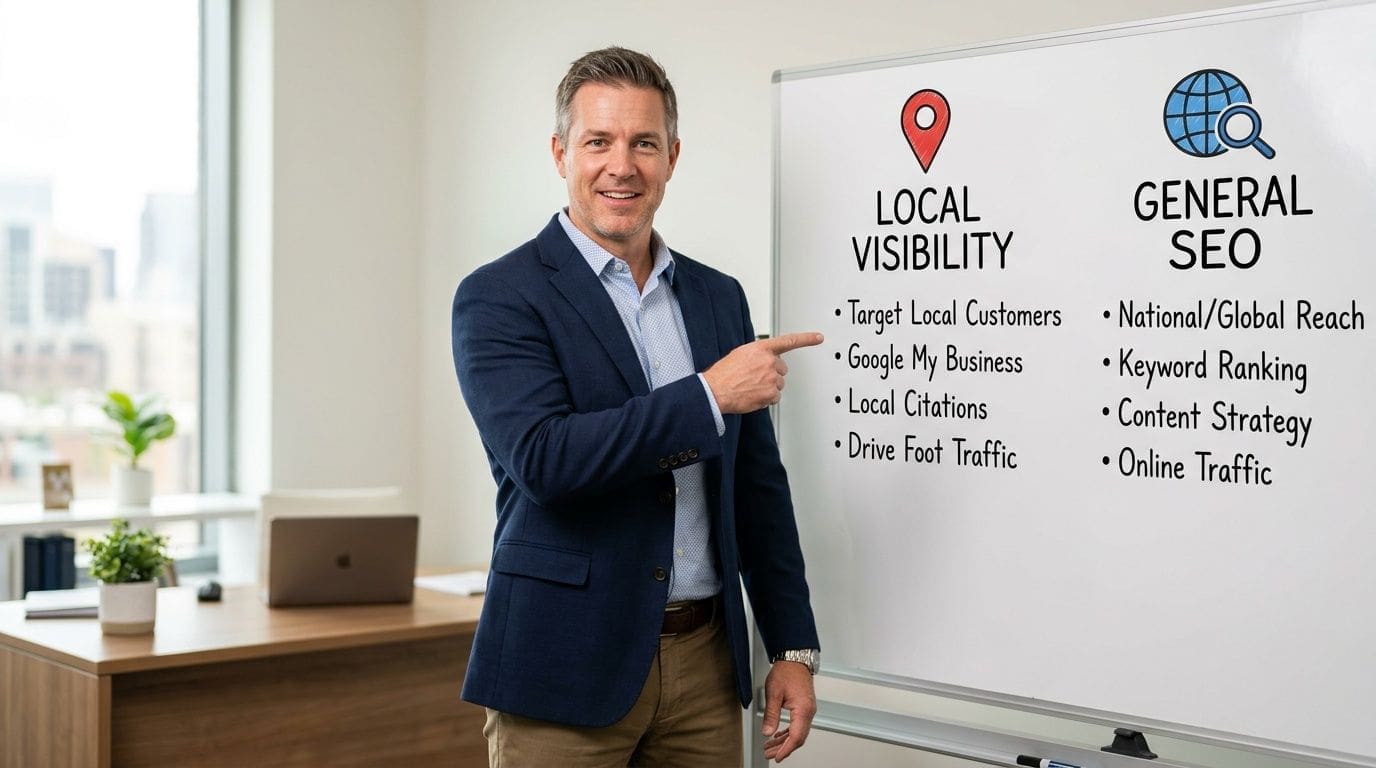 A professional man pointing at a whiteboard comparing local visibility strategies with general search engine optimization techniques.