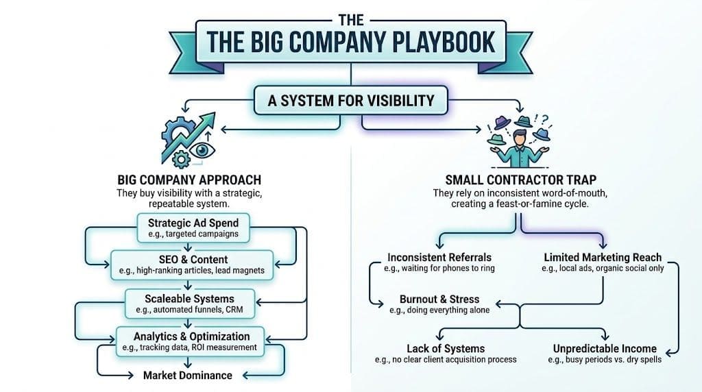 A comparison chart showing the difference between a systematic big company approach versus a small contractor trap.