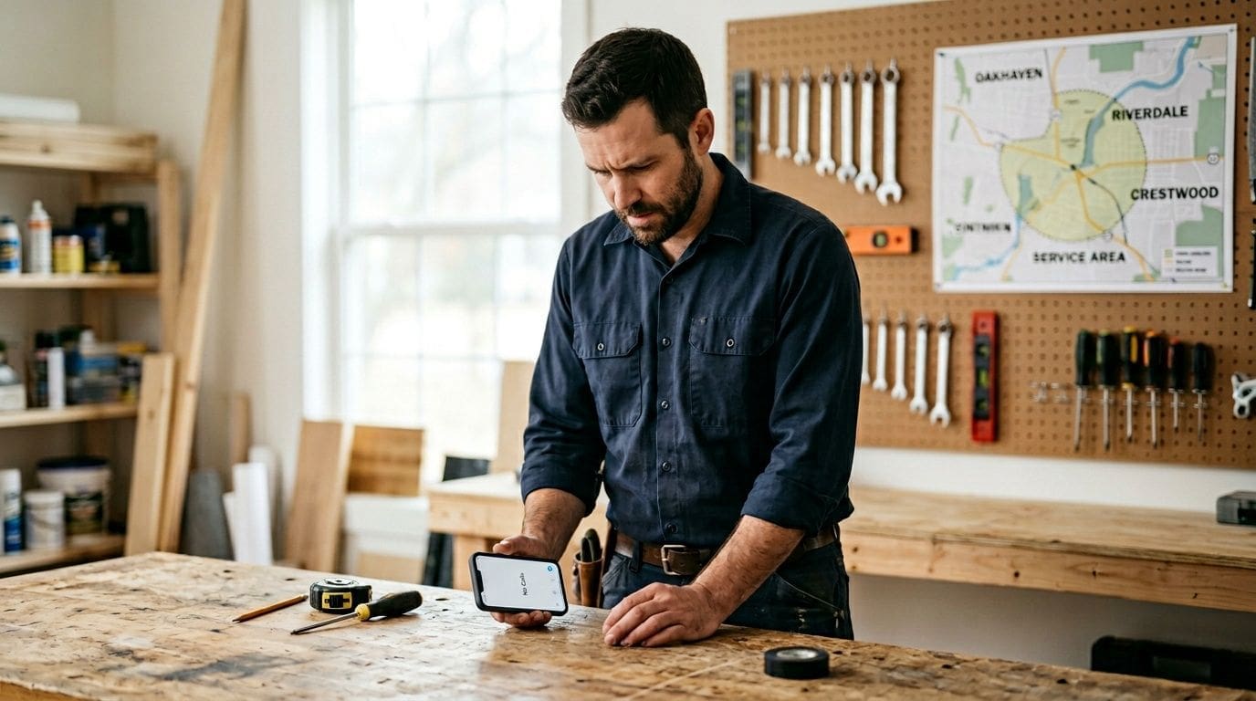 A focused professional contractor in his workshop looking at a smartphone screen while planning his next project.