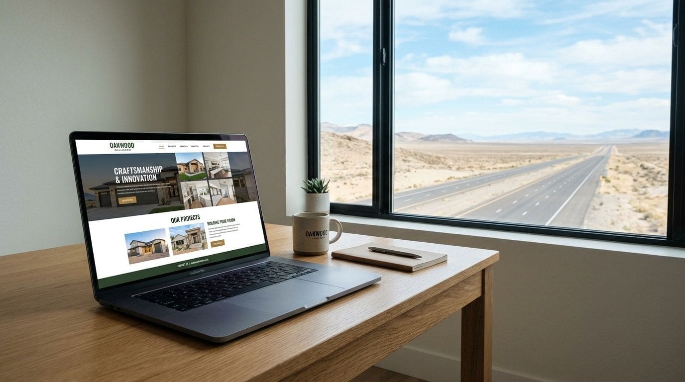 A modern laptop on a wooden desk showing a construction company website with a desert landscape view.