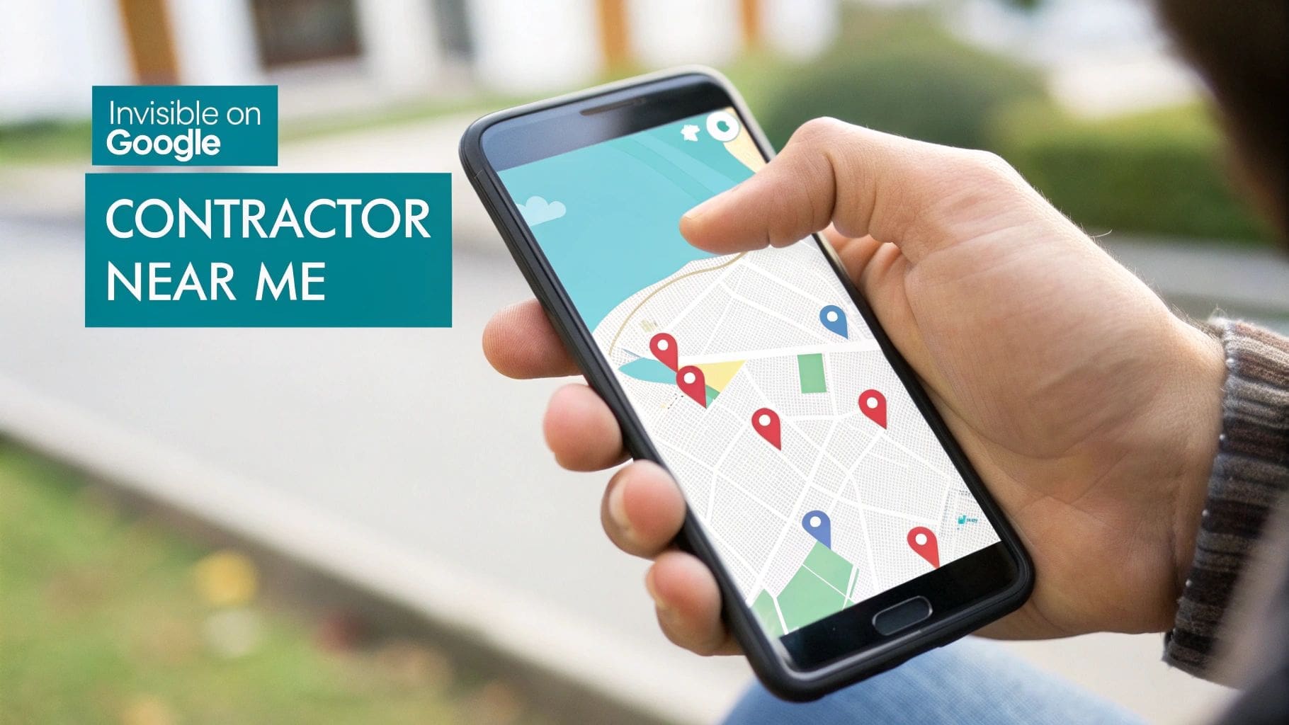 A hand uses a smartphone to search for 'contractor near me' on a map app with location pins.