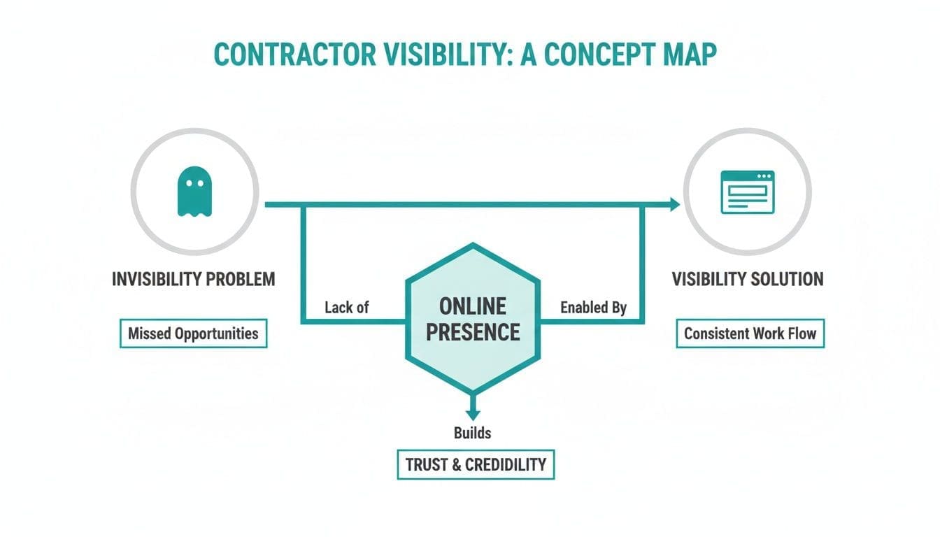 A concept map showing how online presence solves contractor invisibility problems and builds trust.