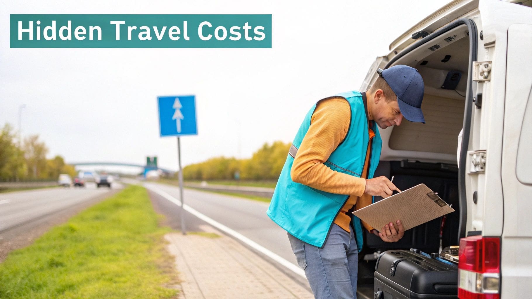 A delivery man in a cap and vest checks a clipboard by his van on the highway.