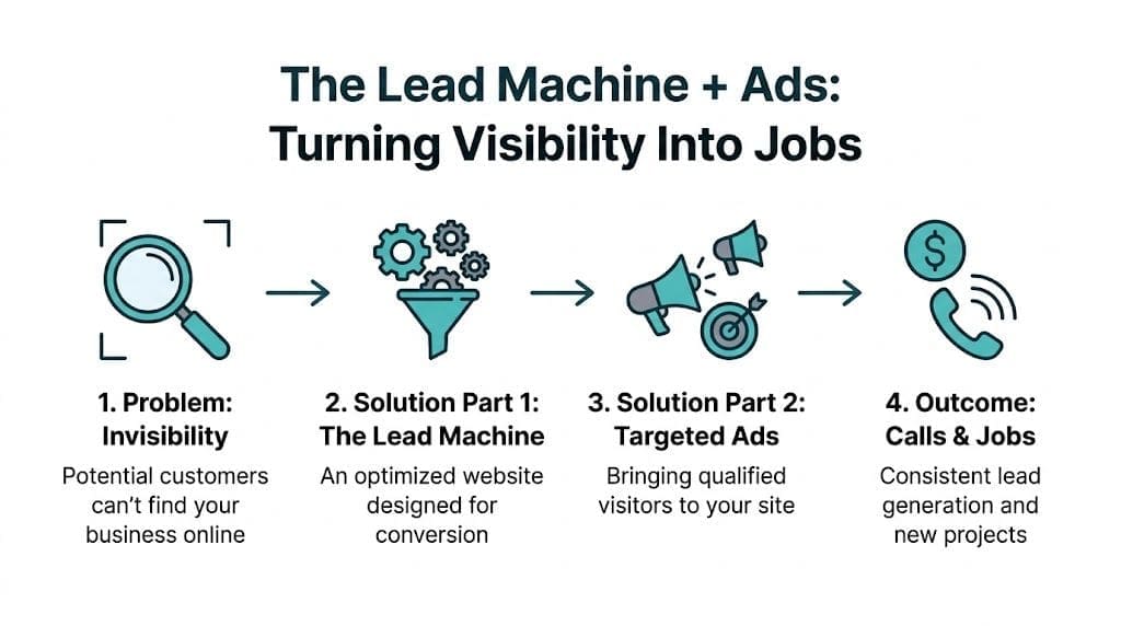 A four step infographic illustrating how lead machines and targeted ads help businesses generate more customer calls.