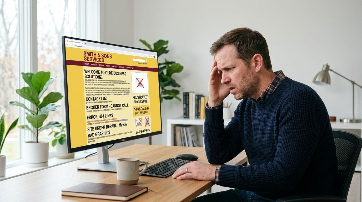 A frustrated man sits at a desk looking at a poorly designed and broken business website.