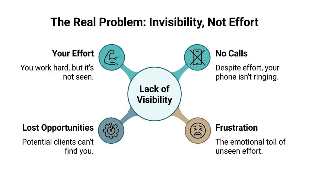 A diagram illustrating how a lack of business visibility leads to lost opportunities and client frustration.