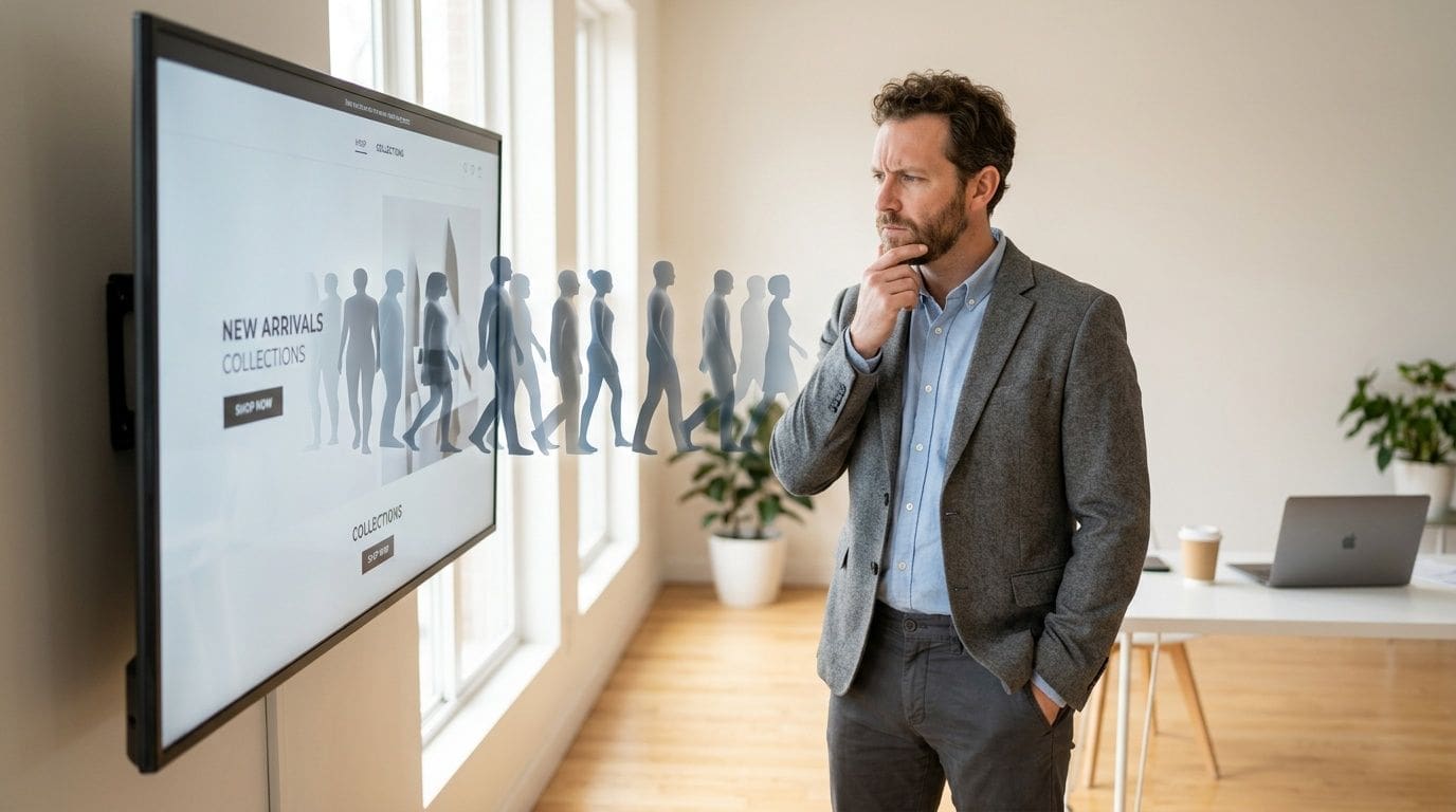 A professional man looks thoughtfully at a digital screen displaying interactive user flow analytics data in office.