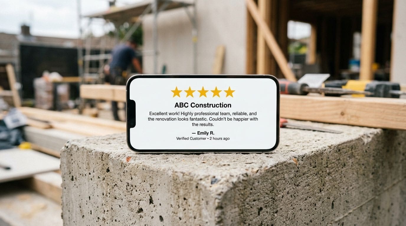 A smartphone displaying a five star customer review for a construction business on a building site.