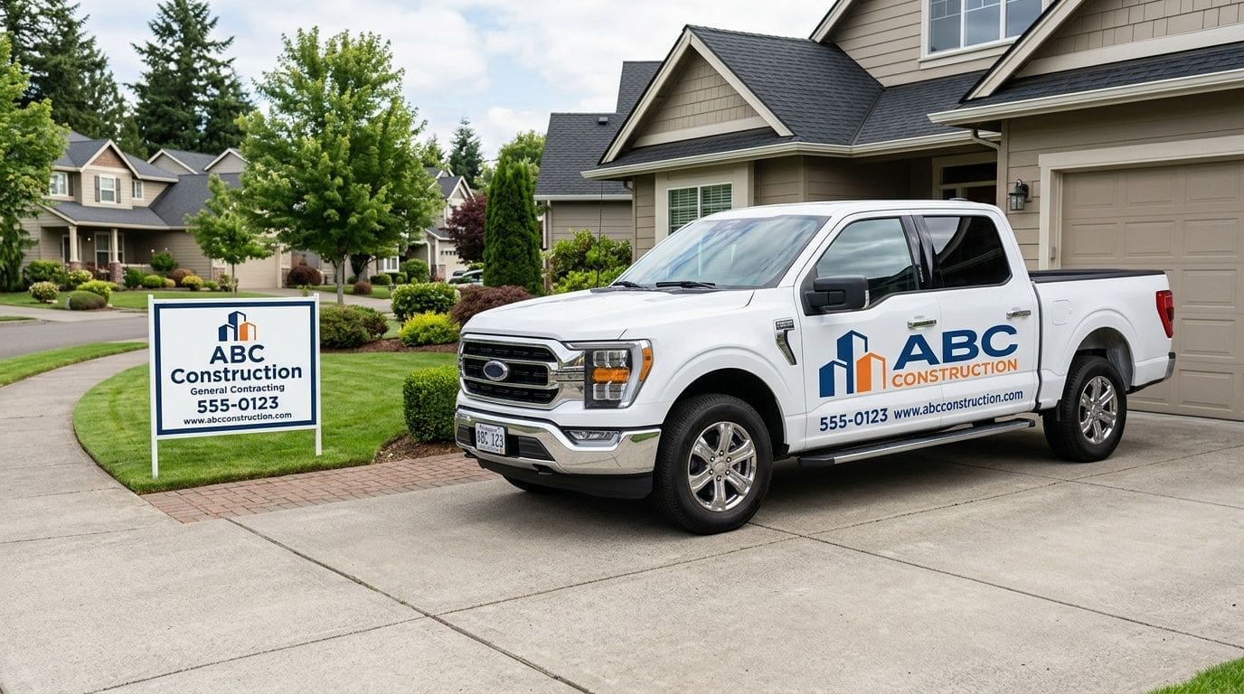 A white pickup truck with ABC Construction branding parked in the driveway of a residential suburban house.