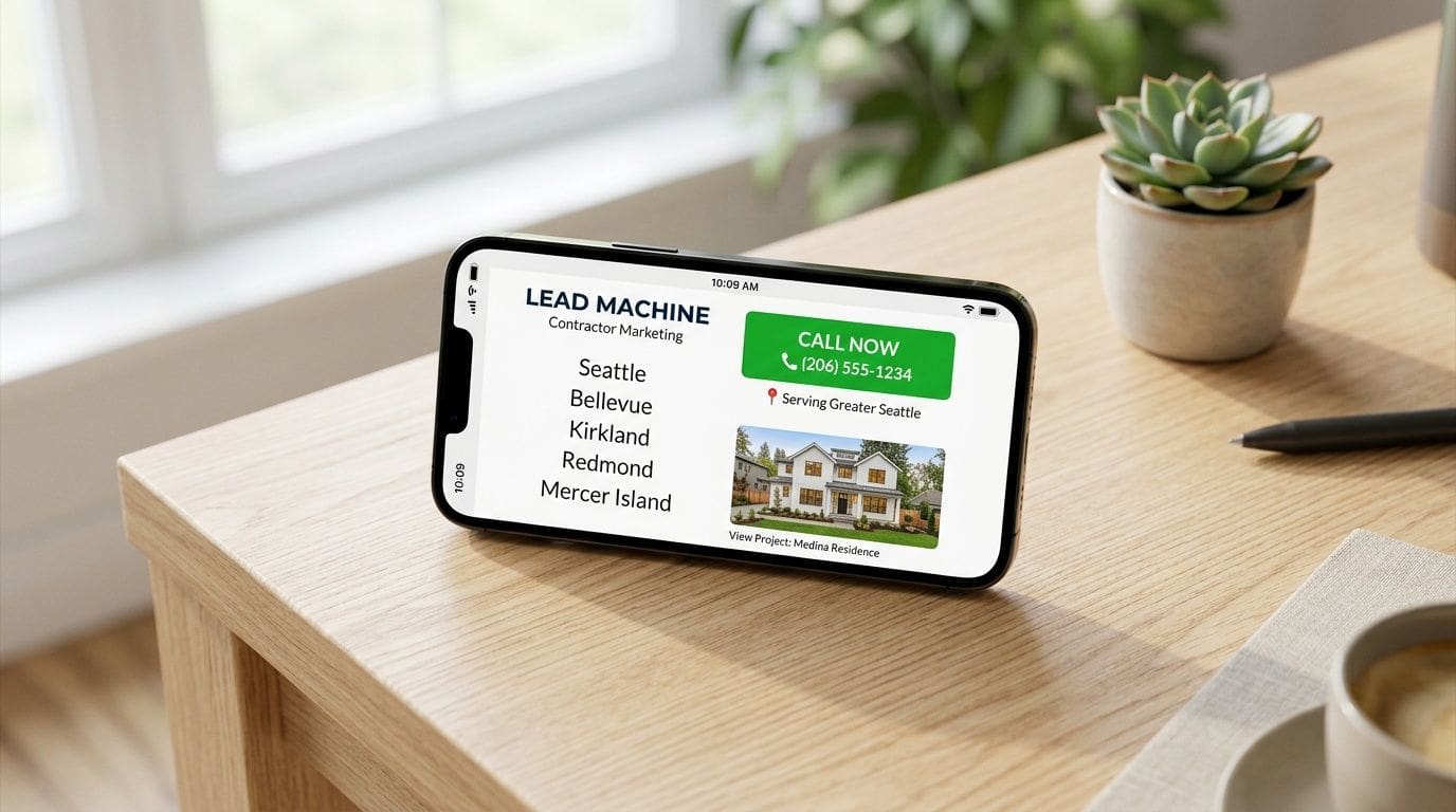 A smartphone on a wooden desk displaying a Lead Machine marketing advertisement for local construction services.