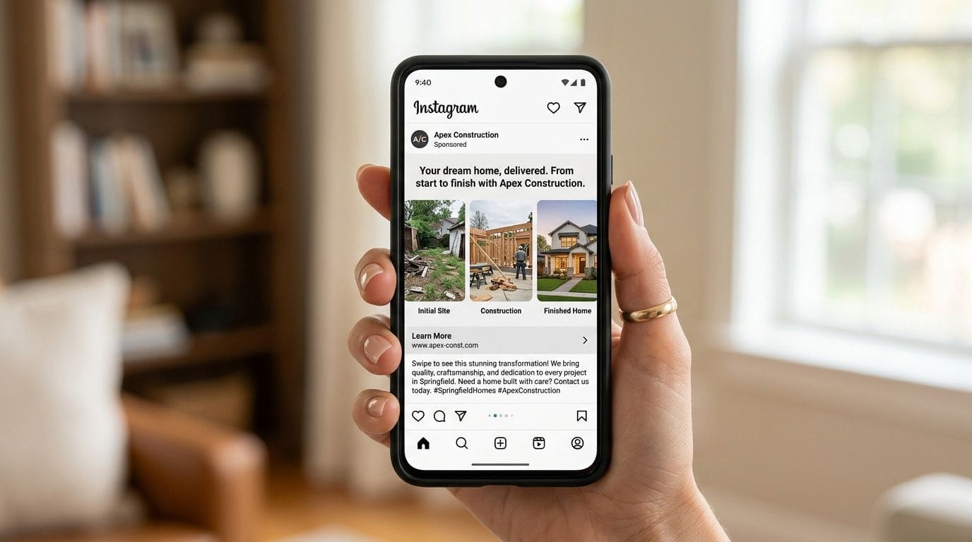 A hand holding a smartphone showing an Instagram advertisement for Apex Construction displaying residential home renovation photos.