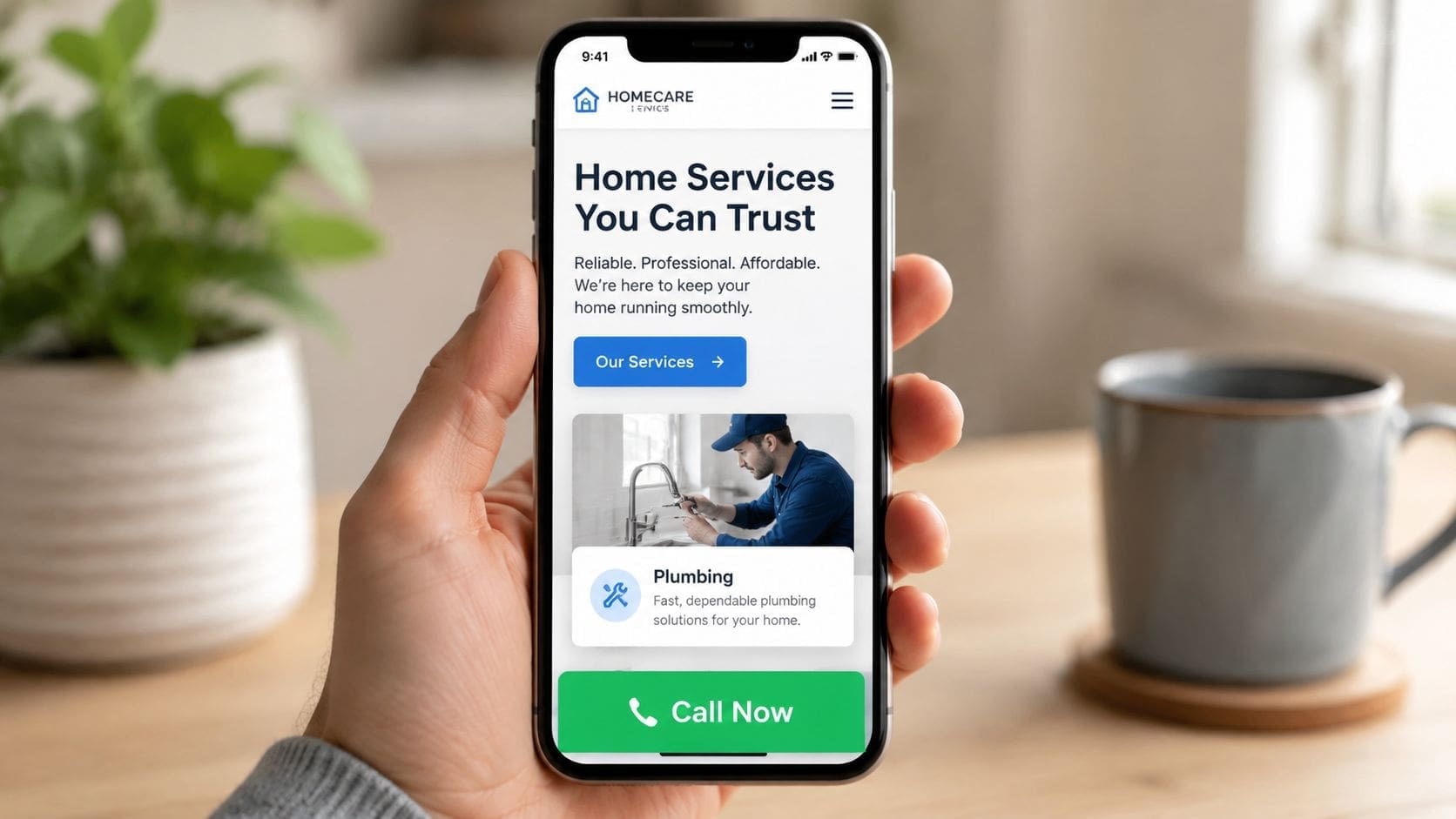 A hand holding a smartphone displaying a mobile website for a professional home services business company.